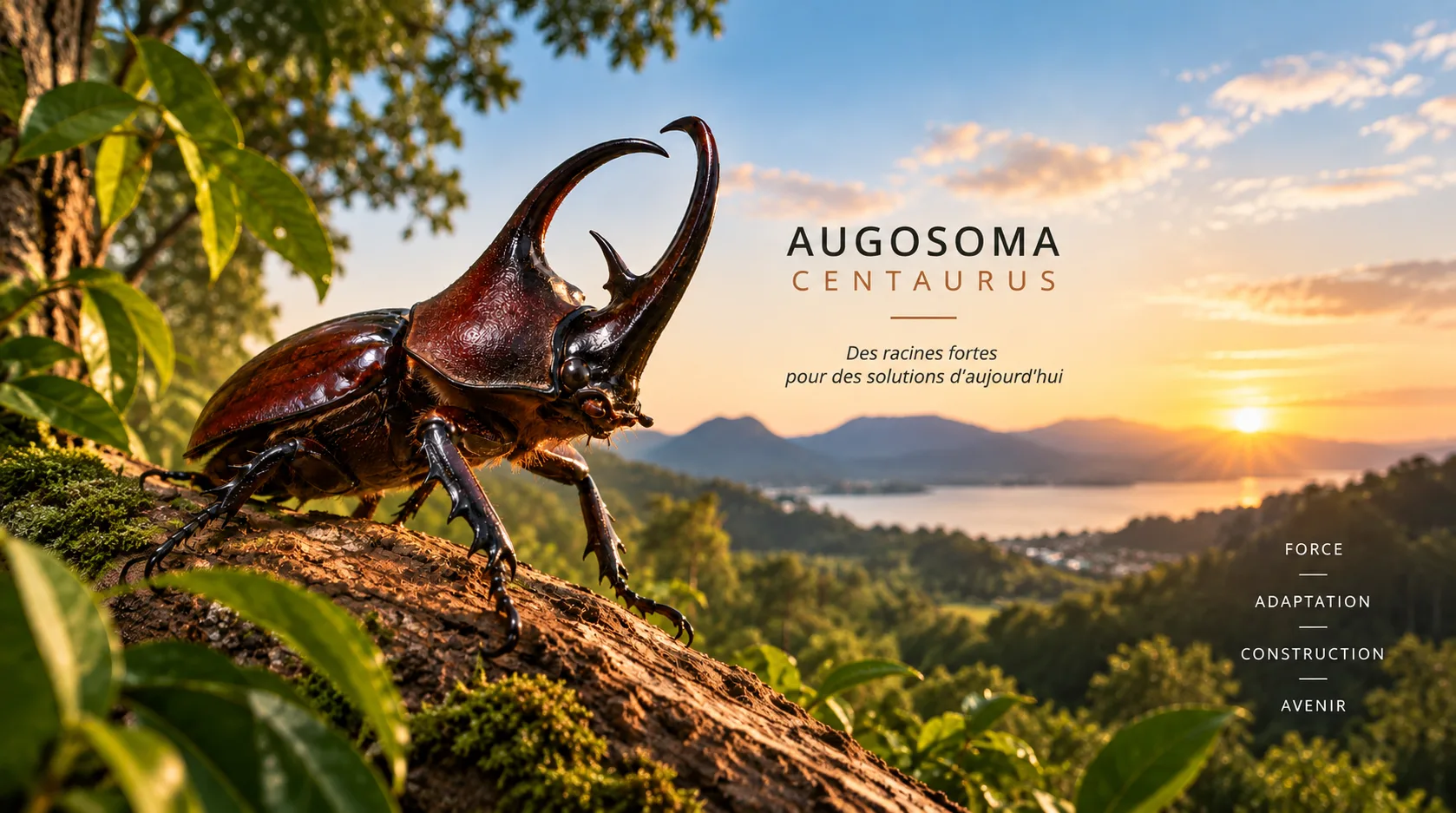 Un scarabée rhinocéros Augosoma centaurus sur un tronc, face à un lac et des collines au coucher du soleil. Augosoma Centaurus : des racines fortes pour des solutions d'aujourd'hui. Force, adaptation, construction, avenir.