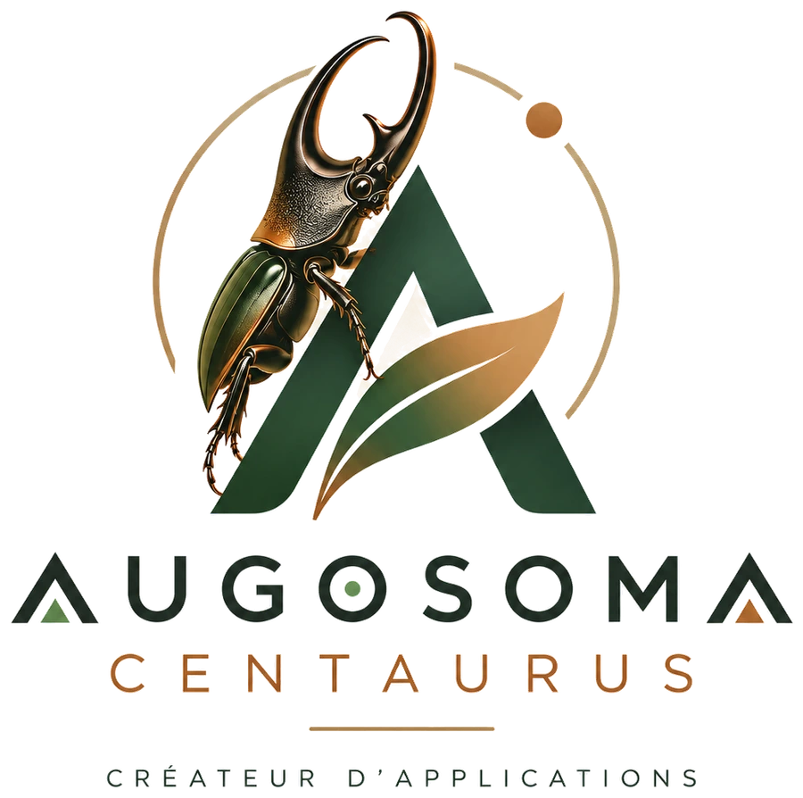 Logo Augosoma Centaurus, créateur d’applications : un scarabée rhinocéros sur un A vert et une feuille dorée