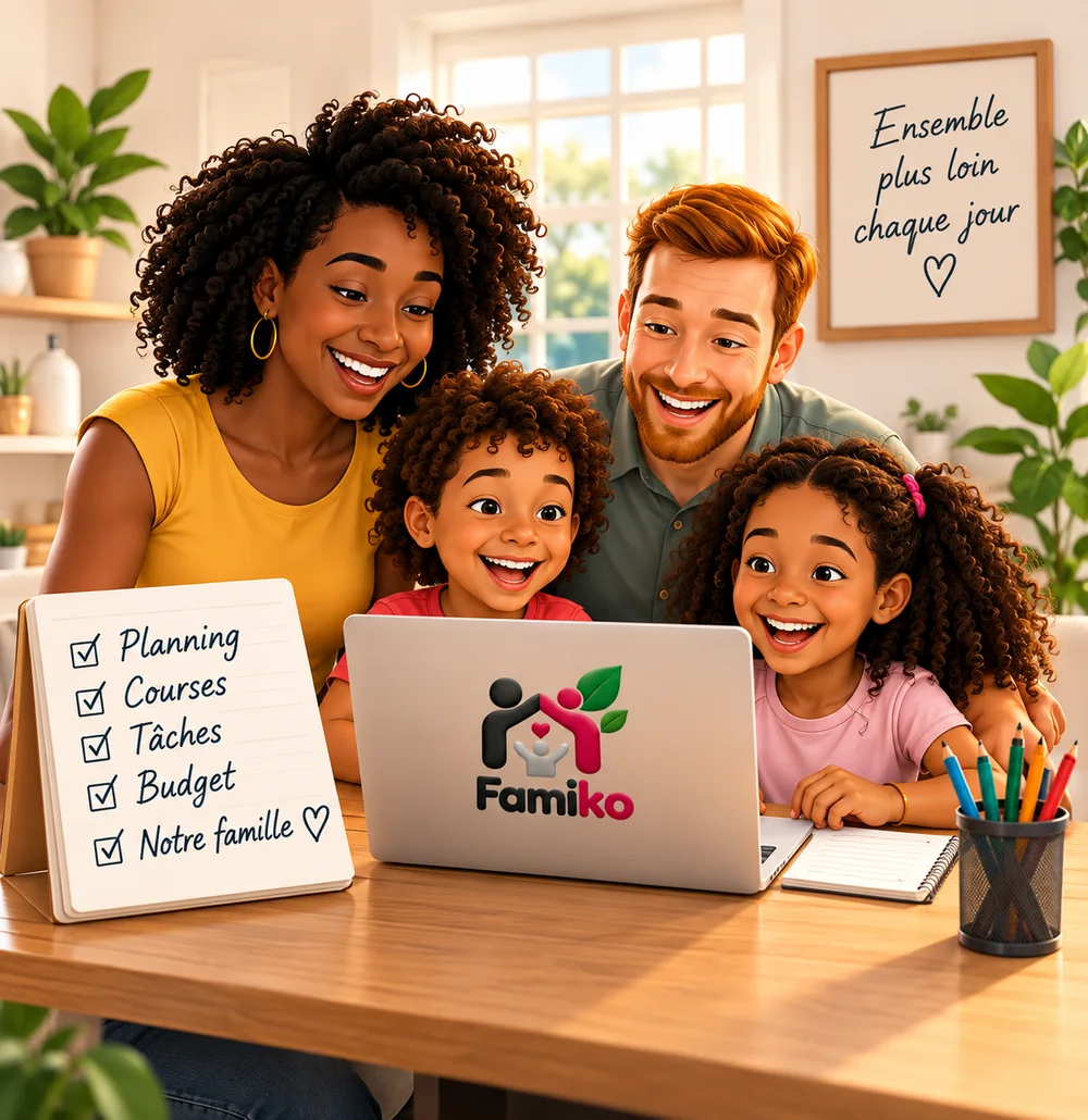 Une famille souriante autour d’un ordinateur portable affichant le logo Famiko, avec une liste Planning, Courses, Tâches, Budget, Notre famille.