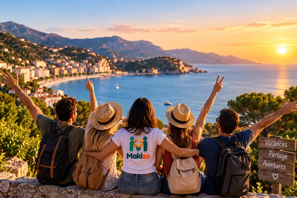 Un groupe d’amis, de dos, bras levés face à la mer au coucher du soleil ; l’un porte un t-shirt Makizo, un panneau indique Vacances, Partage, Aventures.